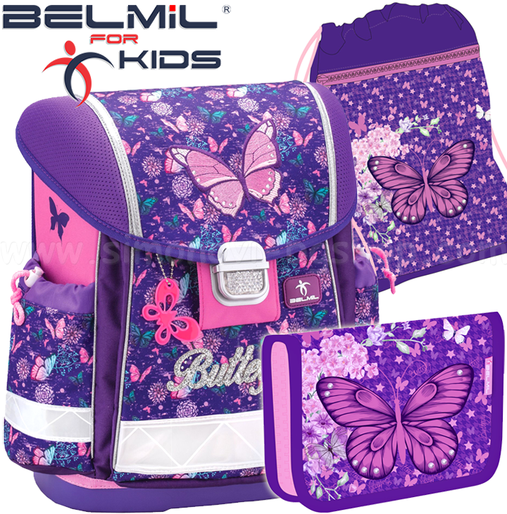 Ученическа раница за първи клас с аксесоари Belmil Classy Butterfly 403-13 Ученическа раница за първи клас с аксесоари Belmil Classy Butterfly 403-13