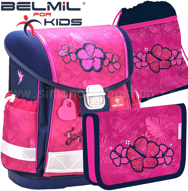 Ученическа раница за първи клас с аксесоари Belmil Classy Tropical Pink 403-30 Ученическа раница за първи клас с аксесоари Belmil Classy Tropical Pink 403-30