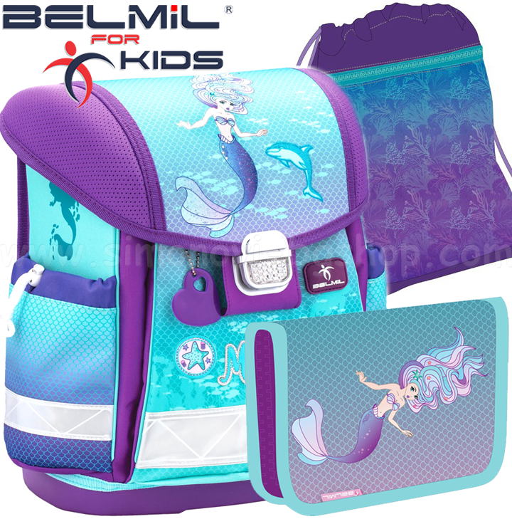 Ученическа раница за първи клас с аксесоари Belmil Classy Purple Mermaid 403-13- Ученическа раница за първи клас с аксесоари Belmil Classy Purple Mermaid 403-13-