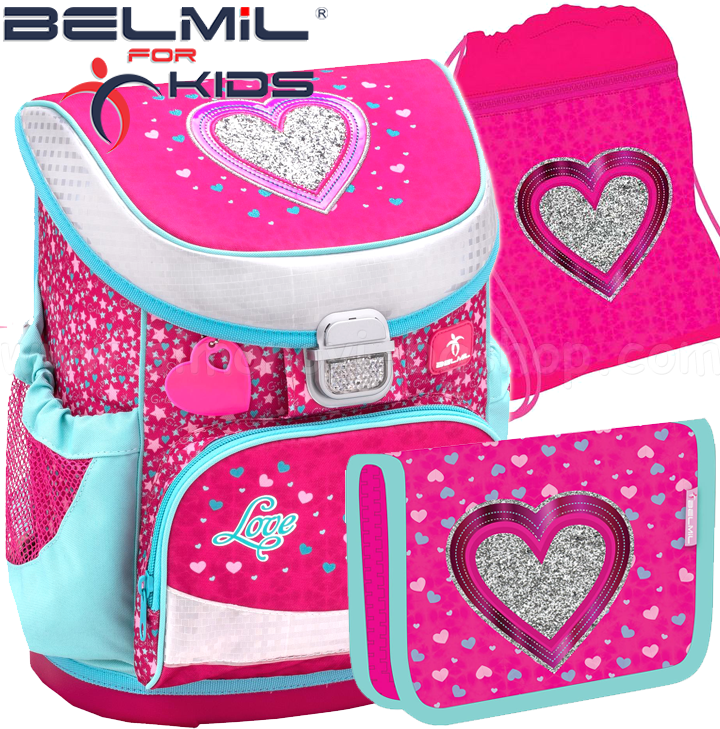 Ученическа раница за първи клас с аксесоари Belmil Mini Fit Heart 405-33-13 Ученическа раница за първи клас с аксесоари Belmil Mini Fit Heart 405-33-13