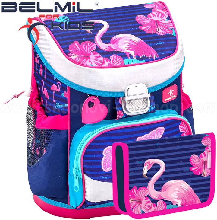 Ученическа раница за първи клас с аксесоари Belmil Mini Fit Flamingo 405-33-11 Ученическа раница за първи клас с аксесоари Belmil Mini Fit Flamingo 405-33-11