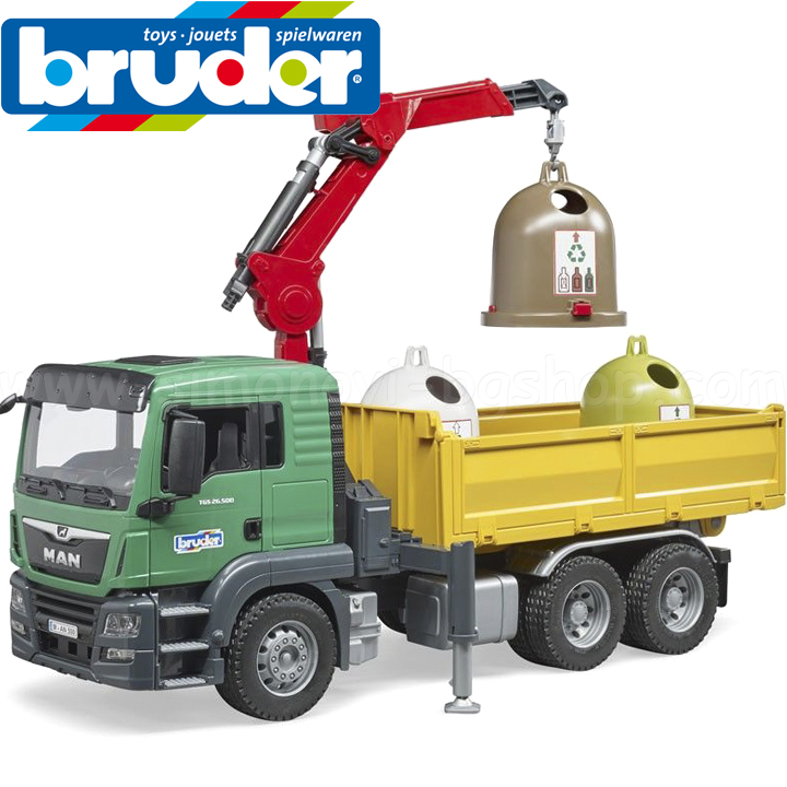 Bruder Камион с кран и 3 контейнера за рециклиране MAN TGS 03753 Bruder Камион с кран и 3 контейнера за рециклиране MAN TGS 03753