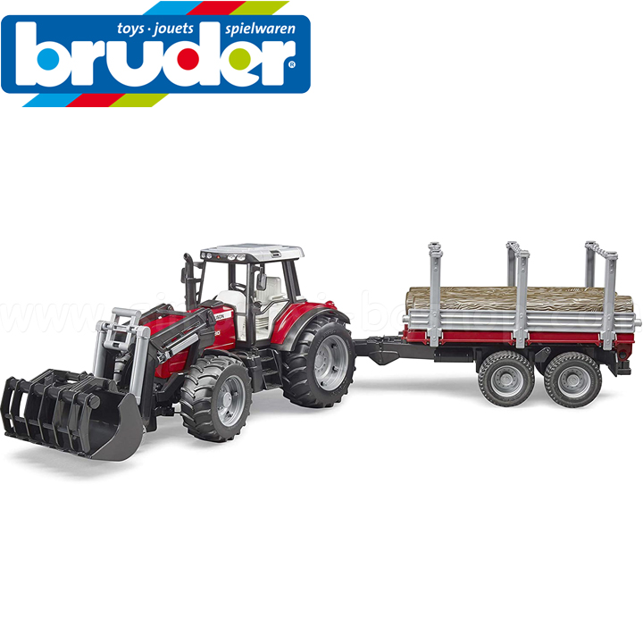 Bruder Трактор с челен товарач и ремарке за дървен материал Massey Ferguson 7480 Bruder Трактор с челен товарач и ремарке за дървен материал Massey Ferguson 7480