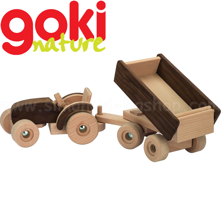 Goki Nature Tractor de jucărie din lemn cu remorcă 55915