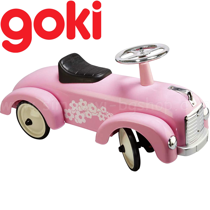 Goki Метална кола за яздене и бутане с крачета в розово с цветя 14161 Goki Метална кола за яздене и бутане с крачета в розово с цветя 14161