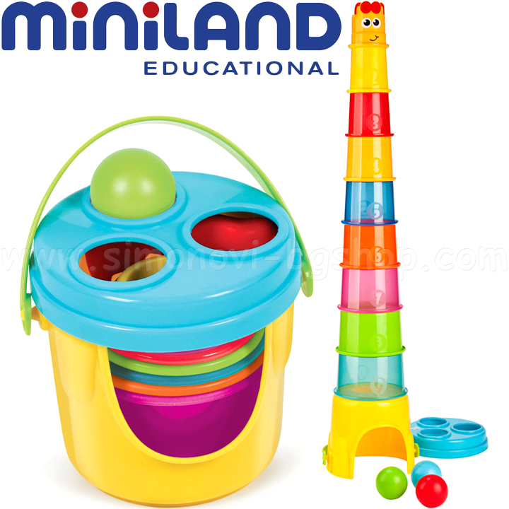 Miniland Stack & Roll Кула от кофички с чук и топчета 97278 Miniland Stack & Roll Кула от кофички с чук и топчета 97278