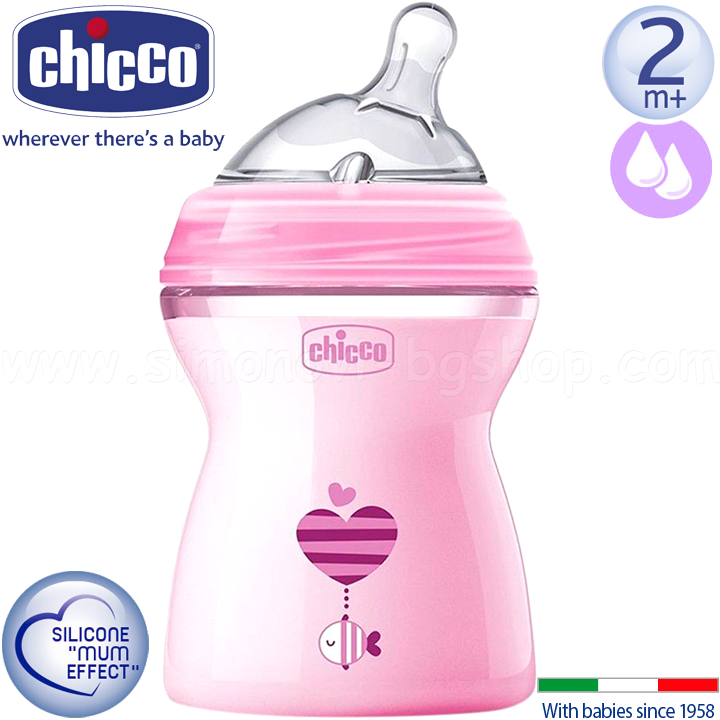 Chicco Natural Feeling Шише със силиконов биберон 250мл. 2+м. Pink 80825.110 Chicco Natural Feeling Шише със силиконов биберон 250мл. 2+м. Pink 80825.110