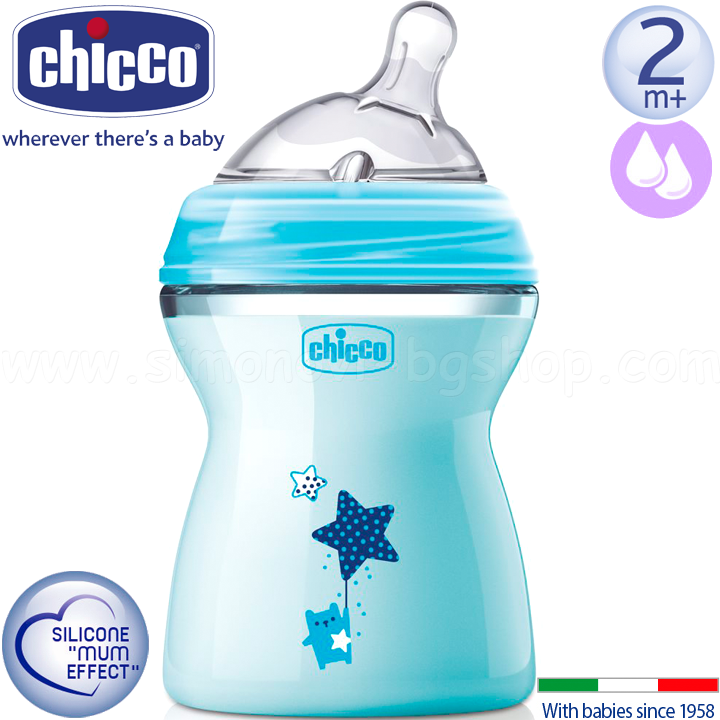 Chicco Natural Feeling Шише със силиконов биберон 250мл. 2+м. Blue 80825.210 Chicco Natural Feeling Шише със силиконов биберон 250мл. 2+м. Blue 80825.210