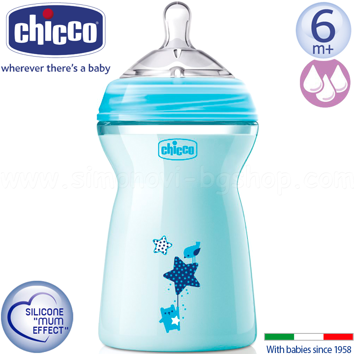 Chicco Natural Feeling Шише със силиконов биберон 330мл. 6+м. Blue 80837.210 Chicco Natural Feeling Шише със силиконов биберон 330мл. 6+м. Blue 80837.210