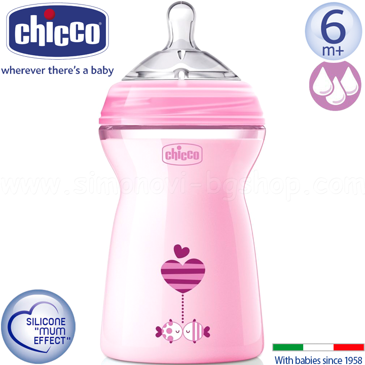 Chicco Natural Feeling Шише със силиконов биберон 330мл. 6+м. Pink 80837.110 Chicco Natural Feeling Шише със силиконов биберон 330мл. 6+м. Pink 80837.110