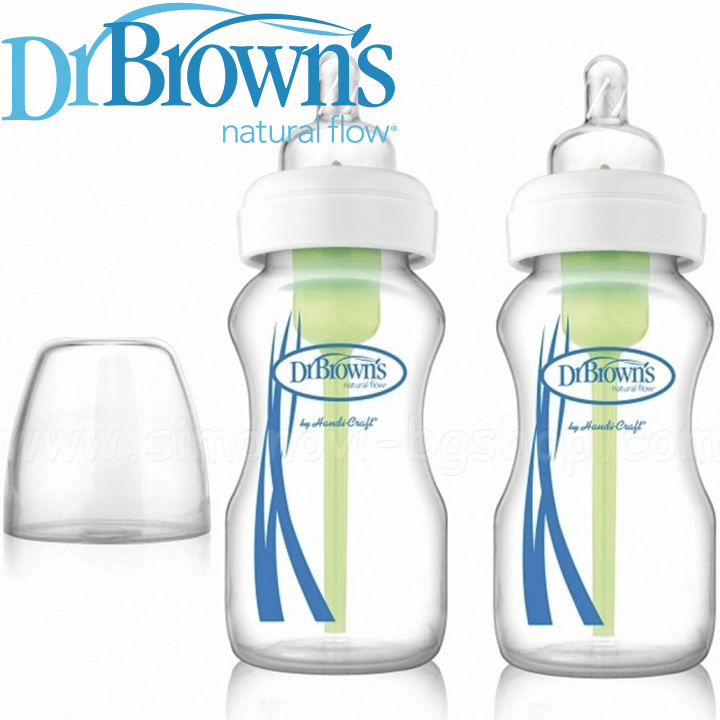 DrBrown's Wide-Neck Options Стъклена бутилка 270ml. 2бр. биберон №1 DrBrown's Wide-Neck Options Стъклена бутилка 270ml. 2бр. биберон №1