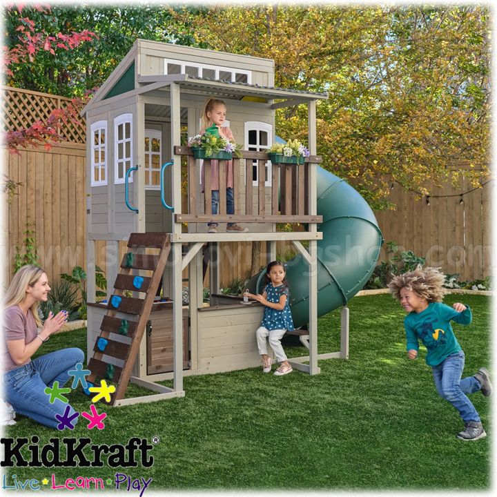 * KidKraft Children's wooden play house with slide Cozy Escape 29045