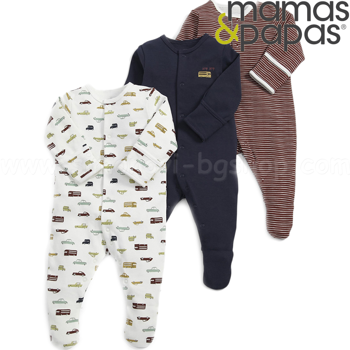 Mamas & Papas Комплект 3 броя бебешки гащеризони с автомобили 000024 Mamas & Papas Комплект 3 броя бебешки гащеризони с автомобили 000024