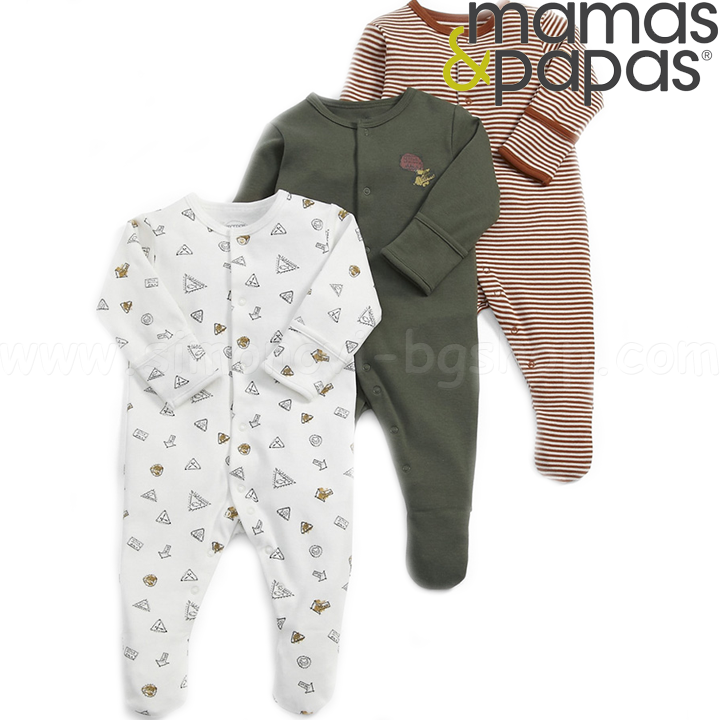 Mamas & Papas Комплект 3 броя бебешки гащеризони с отпечатъци 000024 Mamas & Papas Комплект 3 броя бебешки гащеризони с отпечатъци 000024