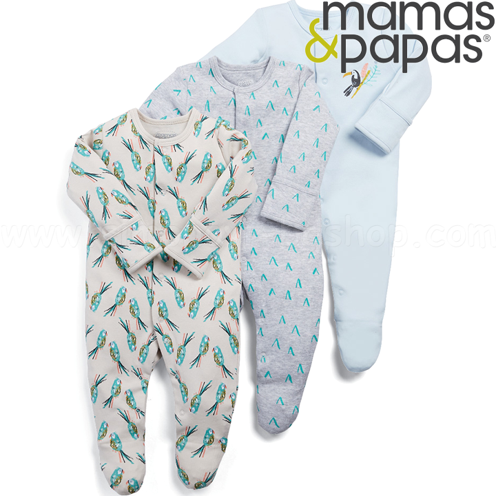 Mamas & Papas Комплект 3 броя бебешки гащеризони с папагалчета 000024 Mamas & Papas Комплект 3 броя бебешки гащеризони с папагалчета 000024