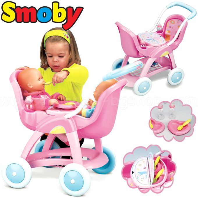 * Smoby Baby Nurse Lilou Двойна количка за бебета с комплект за хранене НАЛИЧЕН