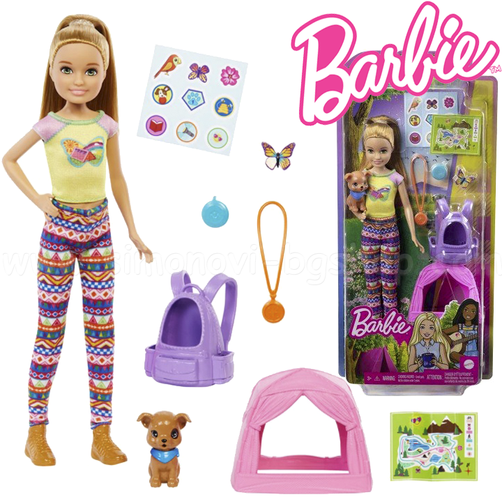 * Papusa Barbie Barbie camping cu un animal de companie - blonda HDF69