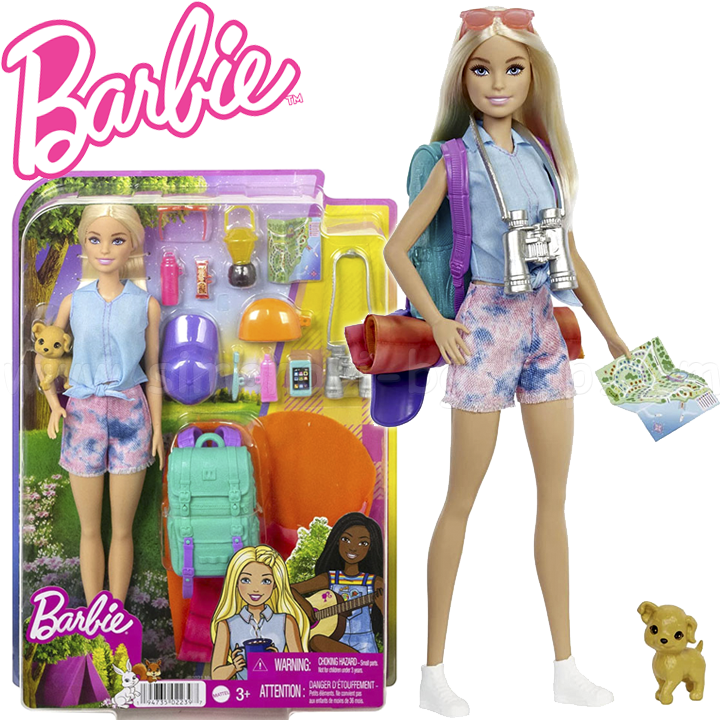 * Barbie "Malibu" Barbie doll with a puppy camping HDF73