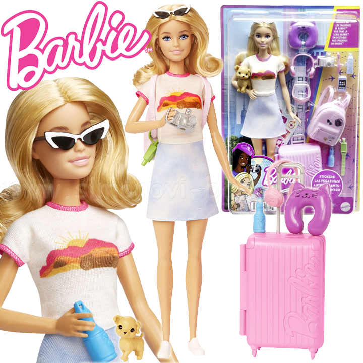 * Papusa Barbie Barbie pe drum cu animalul de companie "Malibu" HJY18