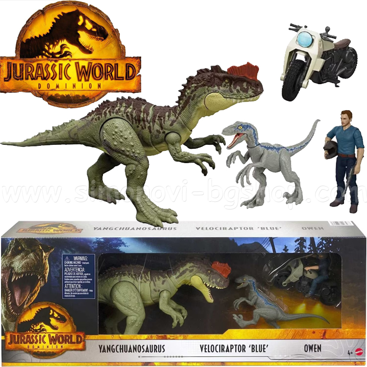 Jurassic World Dominion Dinosaurs Yangchuanosaurus, Velociraptor Blue and Owen