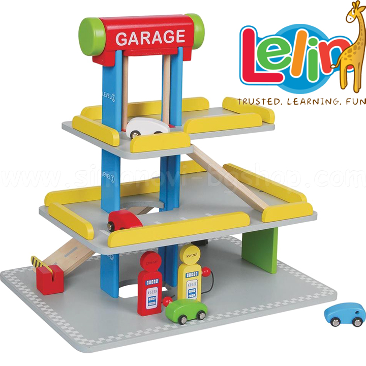 Lelin Toys Wooden parking with gas station and car wash L50043