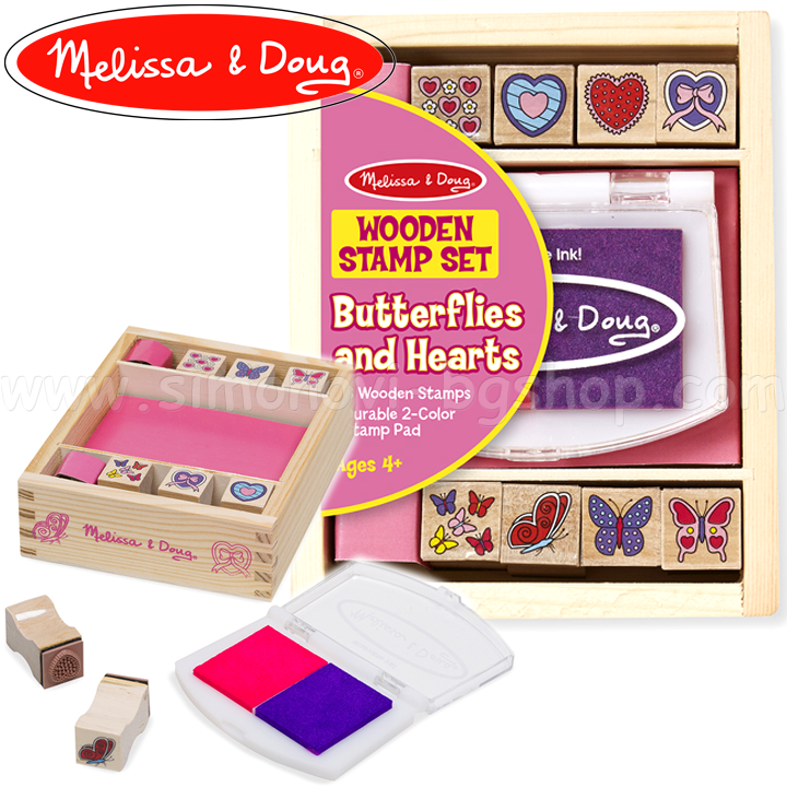 * Melissa & Doug din lemn timbre fluturi și inimi 12415