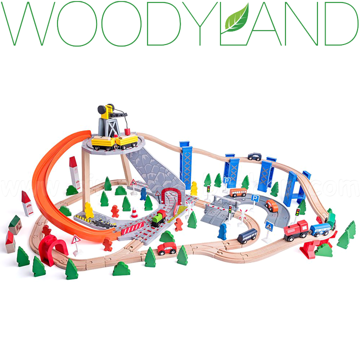 * WoodyLand Tren din lemn cu șine, macara și tobogan 130 piese 90588