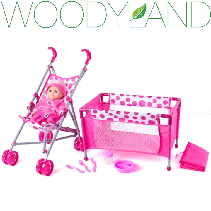 * Set de păpuși WoodyLand pentru copii Rosie, cu cărucior, pat &#