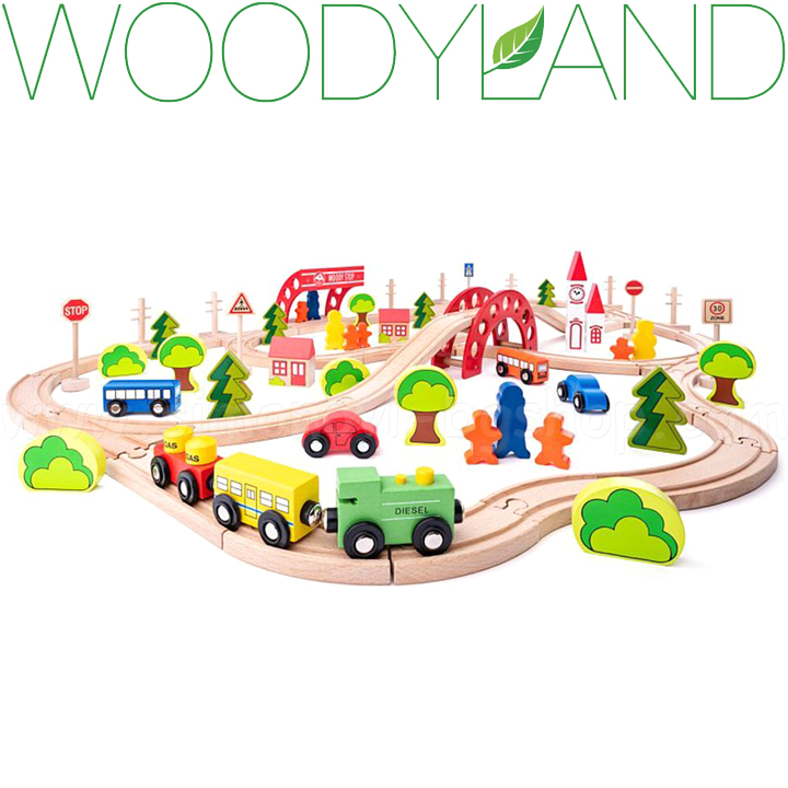 WoodyLand Wooden train with rails, bridge and station 93062