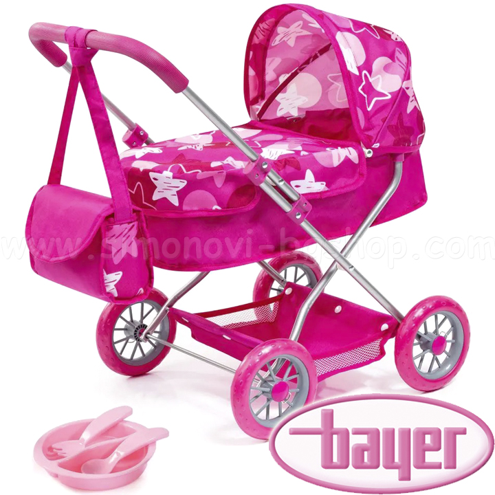 Carucior de papusa Bayer Smarty cu geanta si tacamuri Roz 12249AB