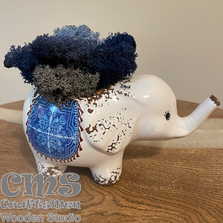 Crafts Men Studio Ceramic elephant with Scandinavian moss "Blue Ocean"