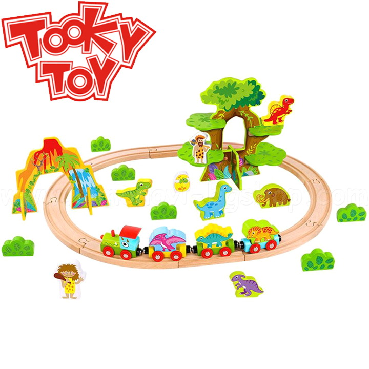 Tooky Toy Jurassic Park - wooden train with rails and dinosaurs TKI054