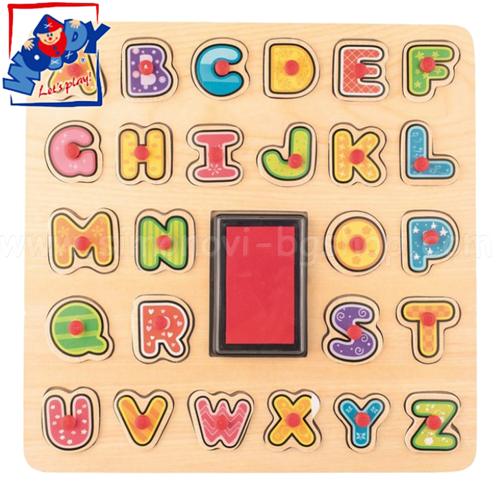 Puzzle din lemn Woody cu timbre - alfabet englezesc 91808